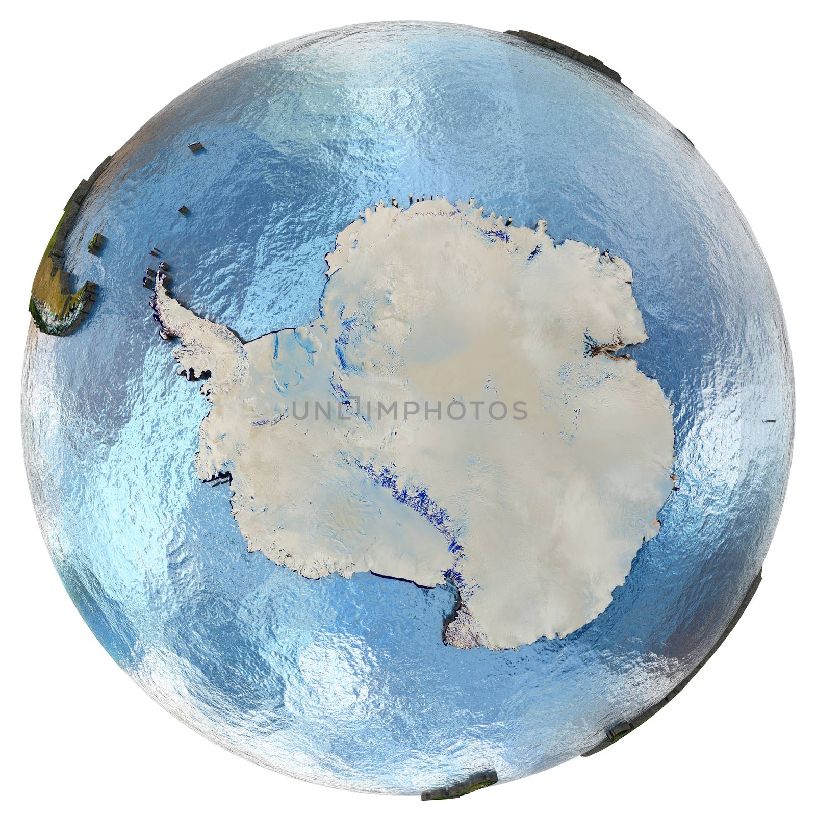 Antarctica on highly detailed planet Earth with embossed continents and country borders. Isolated on white background. Elements of this image furnished by NASA.