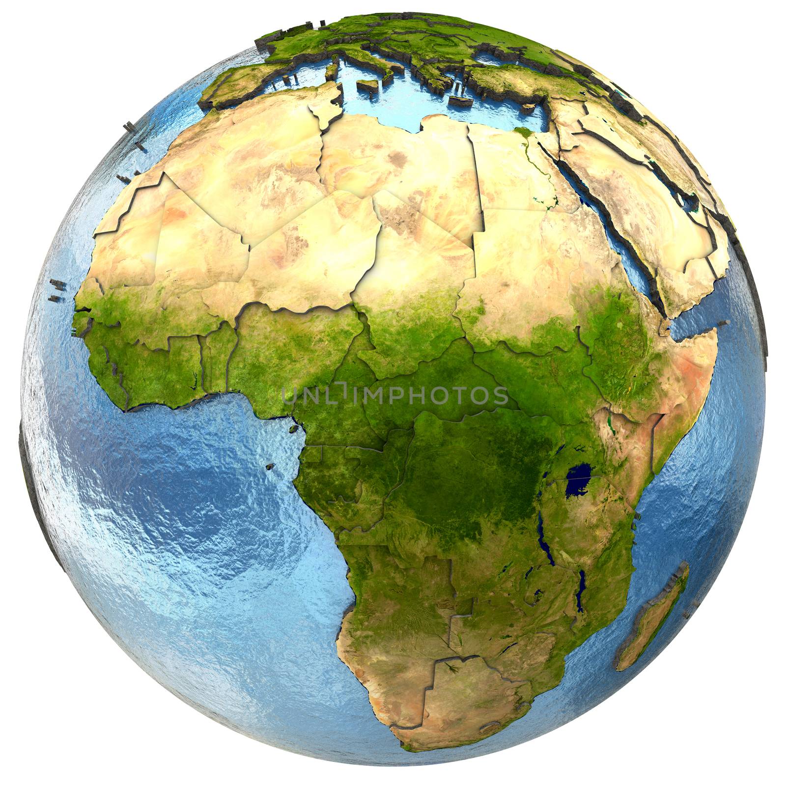 Africa on highly detailed planet Earth with embossed continents and country borders. Isolated on white background. Elements of this image furnished by NASA.