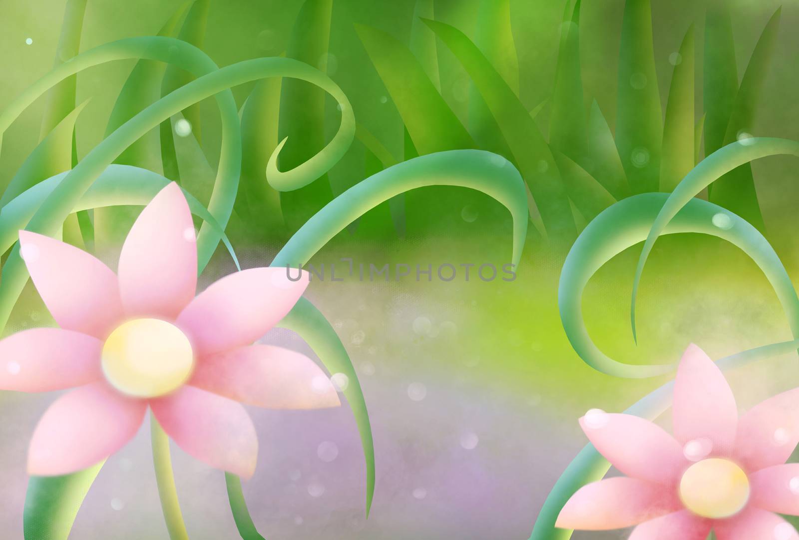 Illustration: Sweet Flowers in the Jungle, after Raining. Fantastic Cartoon Style Scene Wallpaper Background Design.