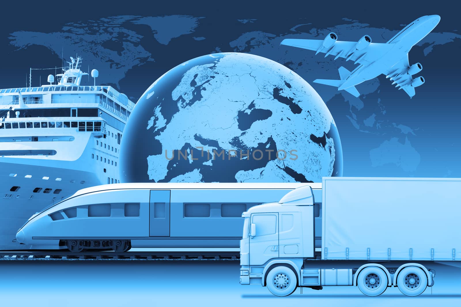 Transport with earth on abstract blue background with world map. Elements of this image furnished by NASA