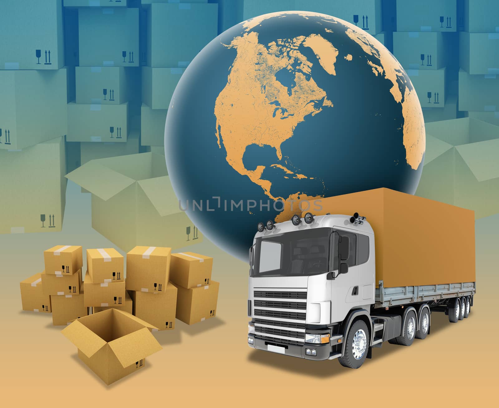 White truck on abstract background with boxes. Elements of this image furnished by NASA