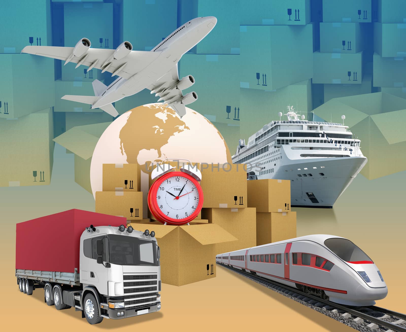Transport with alarm clock and earth on abstract background with boxes. Elements of this image furnished by NASA