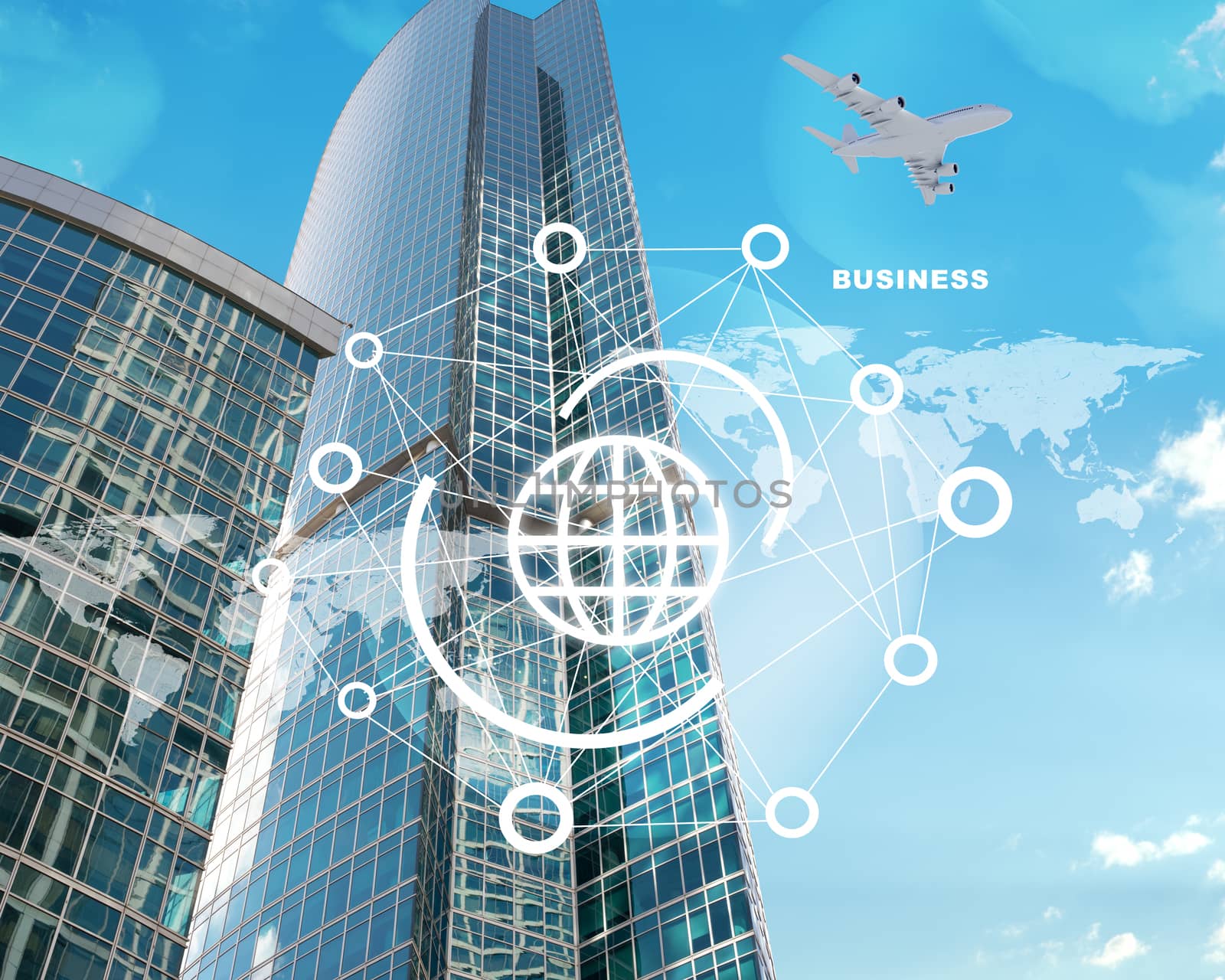 Skyscrapers with world map and jet on blue sky background