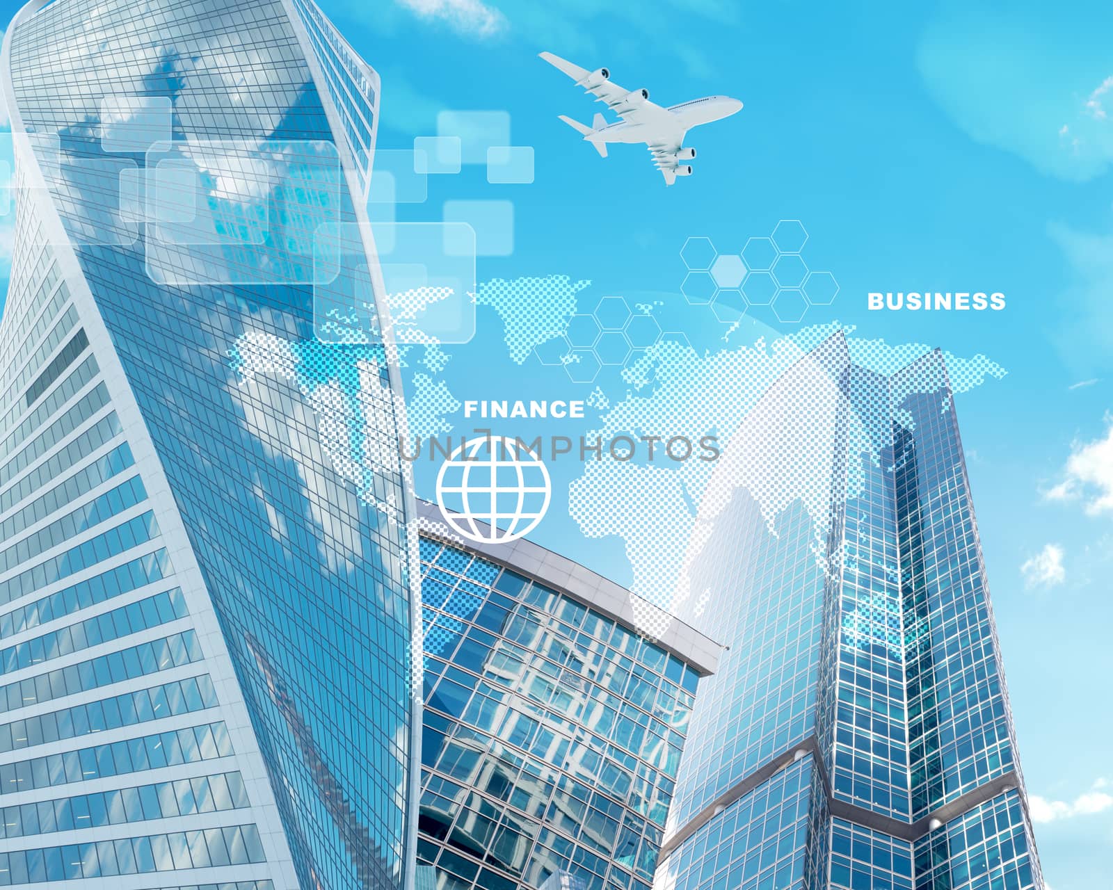 Buildings with world map and jet on blue sky background