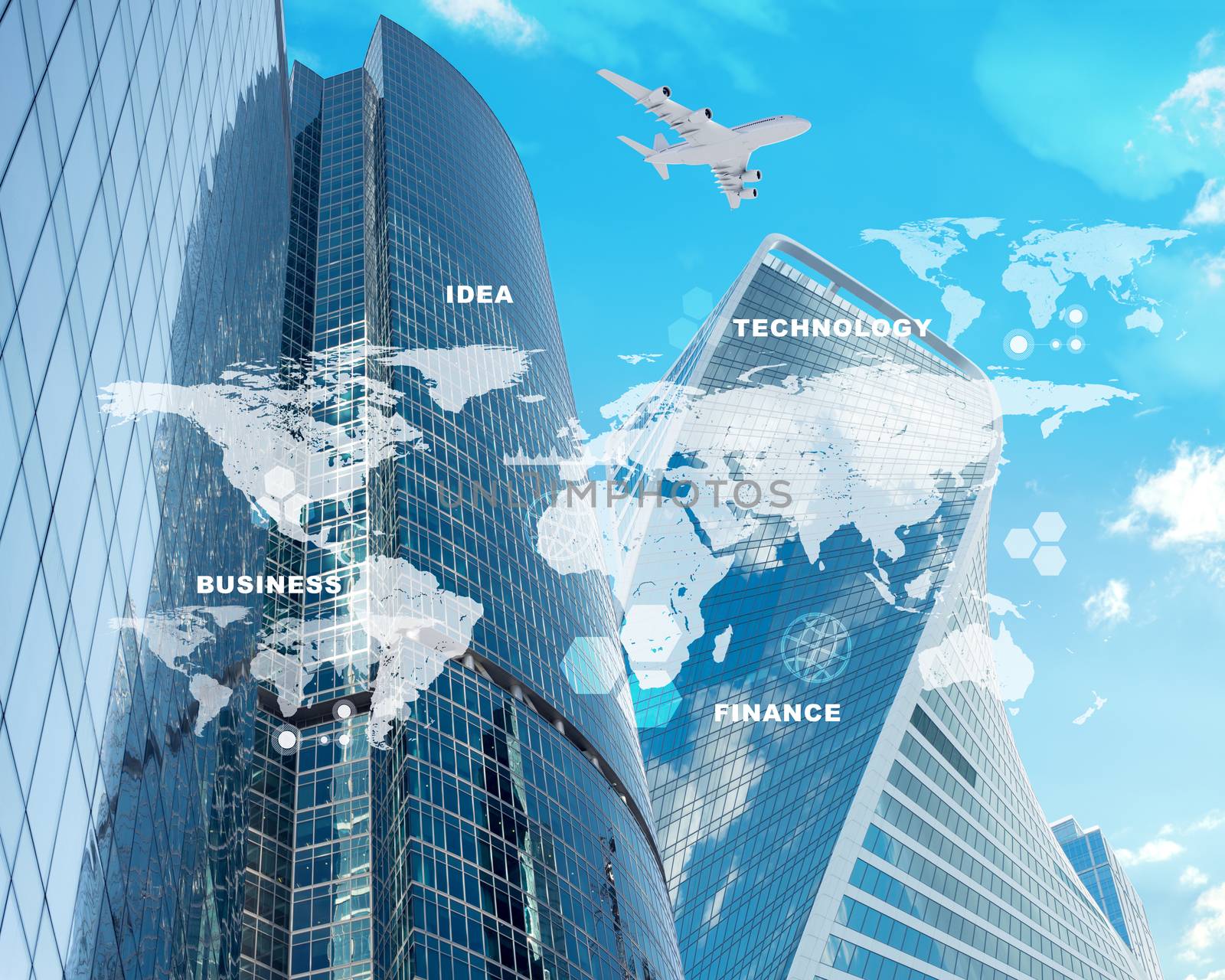 Buildings with world map and jet on blue sky background