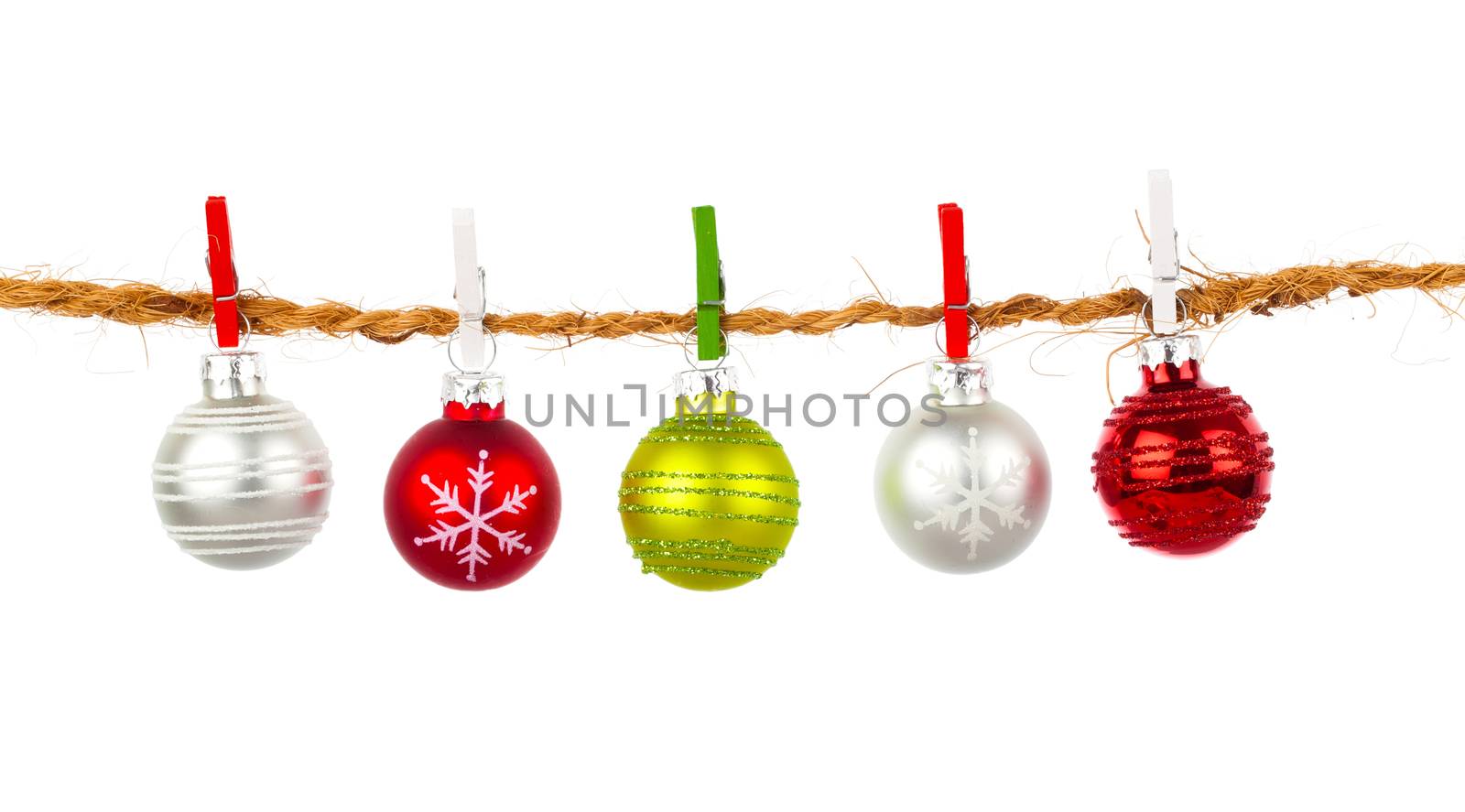Christmas bauble collection hang on rope, isolated on white background