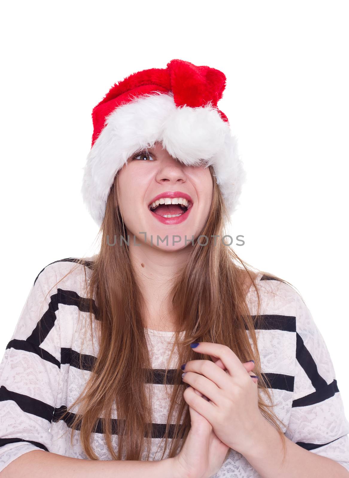 woman in red santa claus hat on white background by victosha