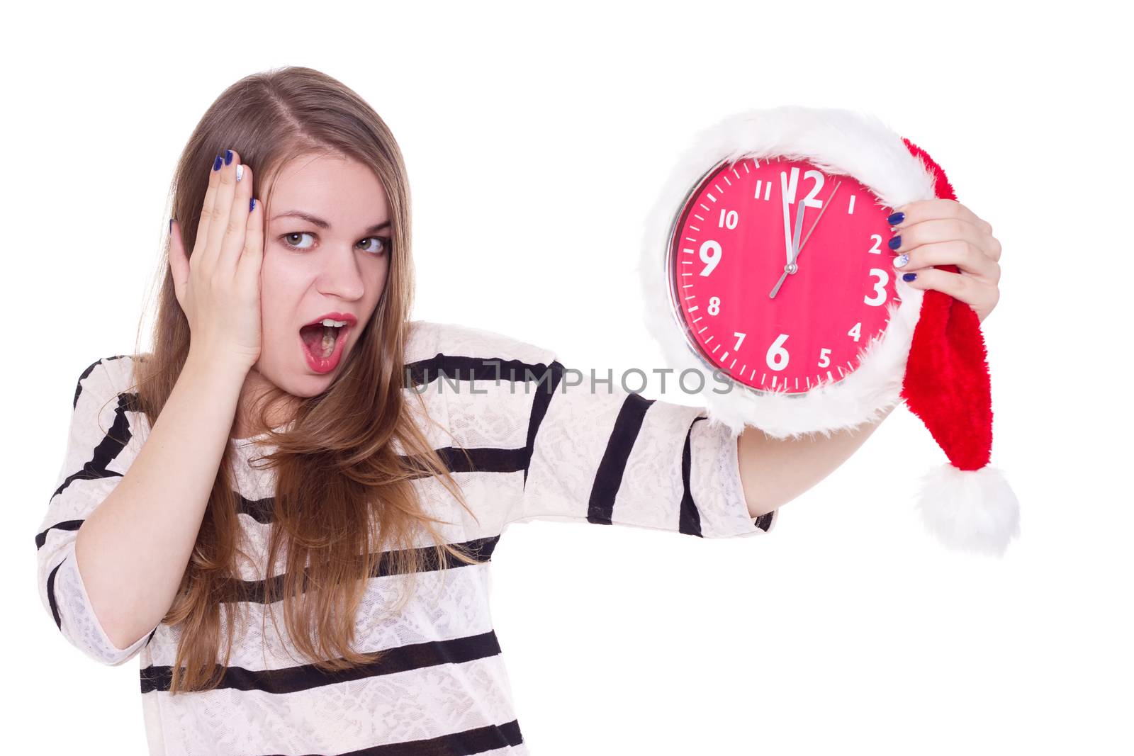 young woman in santa hat with clock  isolated  by victosha
