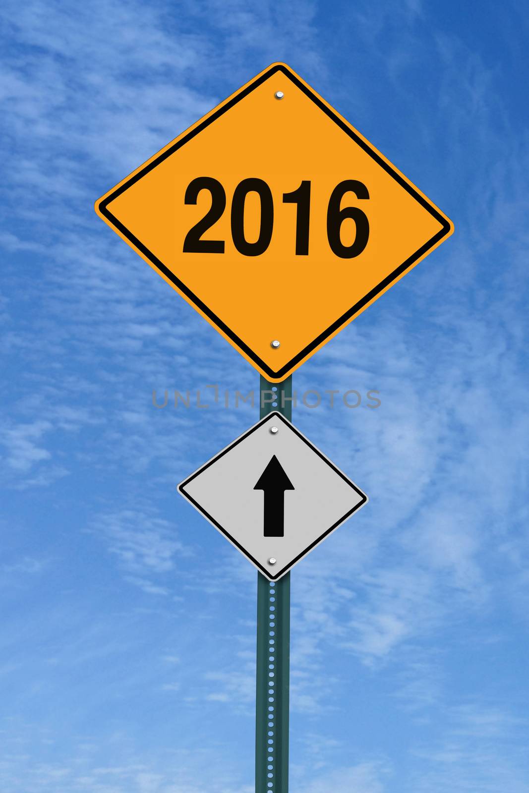 2016 ahead road sign over blue sky with clouds