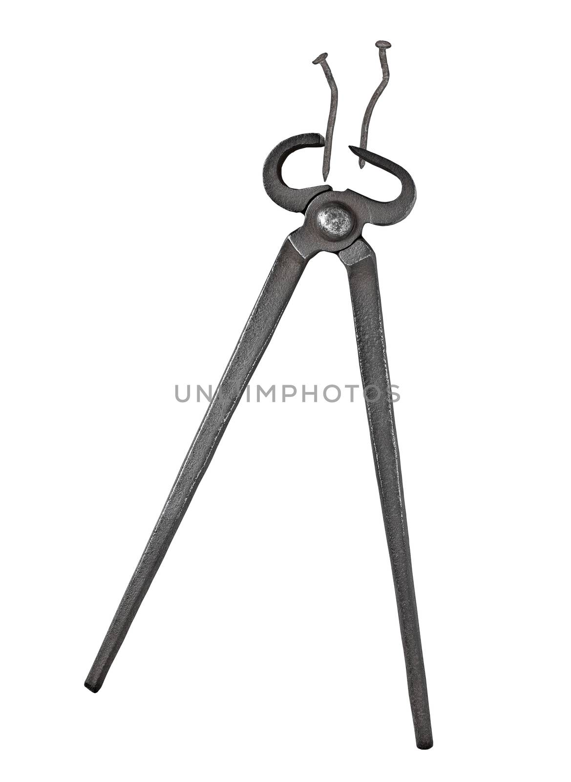 old vintage blacksmith pincers and nails  isolated over white background, clipping path