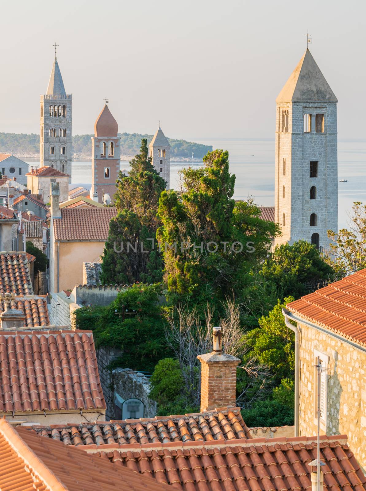 View of the town of Rab, Croatian tourist resort famous for its four bell towers.