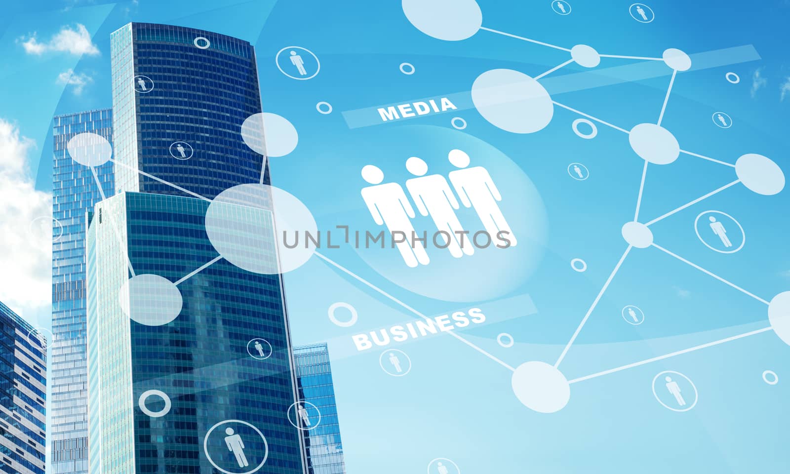 High-rise buildings with people icons on blue sky background