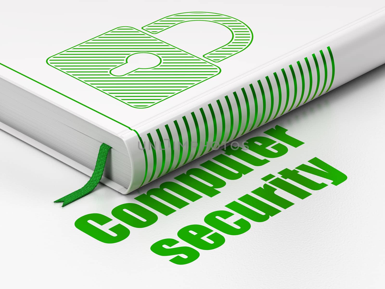 Protection concept: closed book with Green Closed Padlock icon and text Computer Security on floor, white background, 3d render