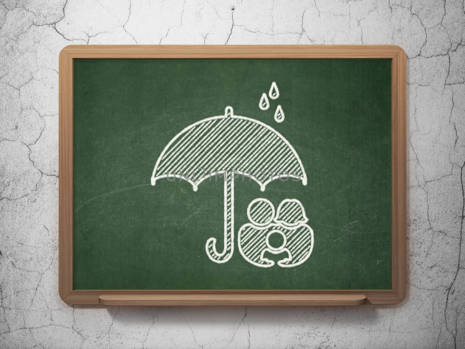 Safety concept: Family And Umbrella icon on Green chalkboard on grunge wall background