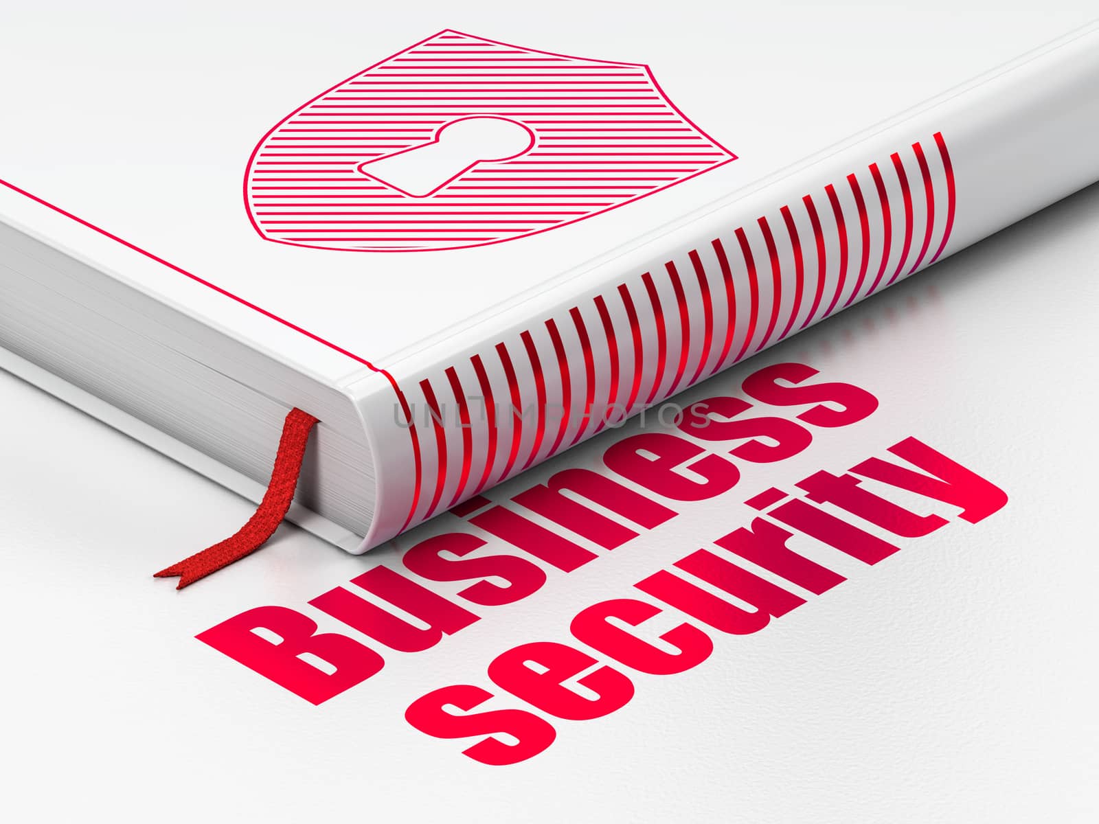 Privacy concept: closed book with Red Shield With Keyhole icon and text Business Security on floor, white background, 3d render