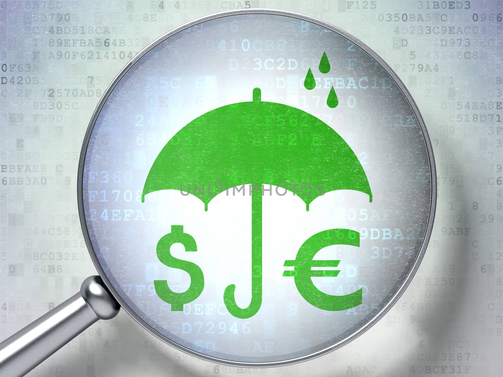 Security concept: magnifying optical glass with Money And Umbrella icon on digital background