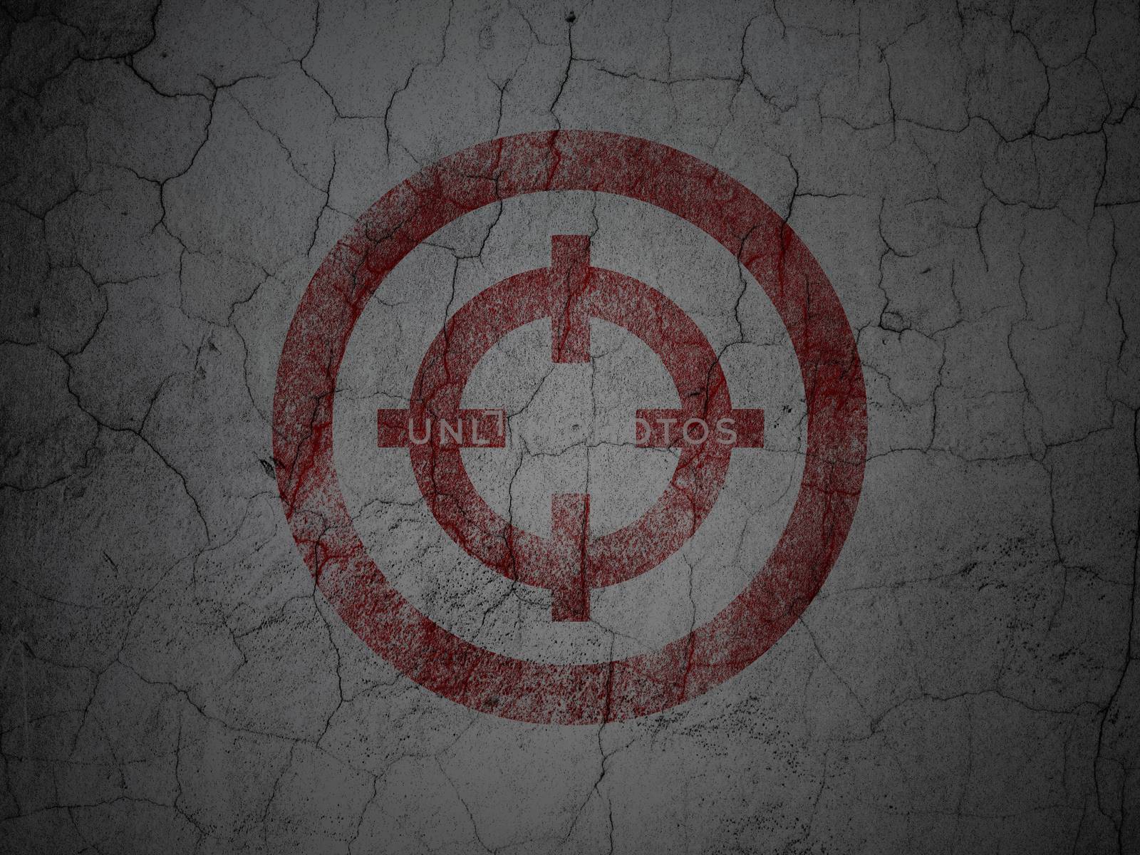 Finance concept: Red Target on grunge textured concrete wall background