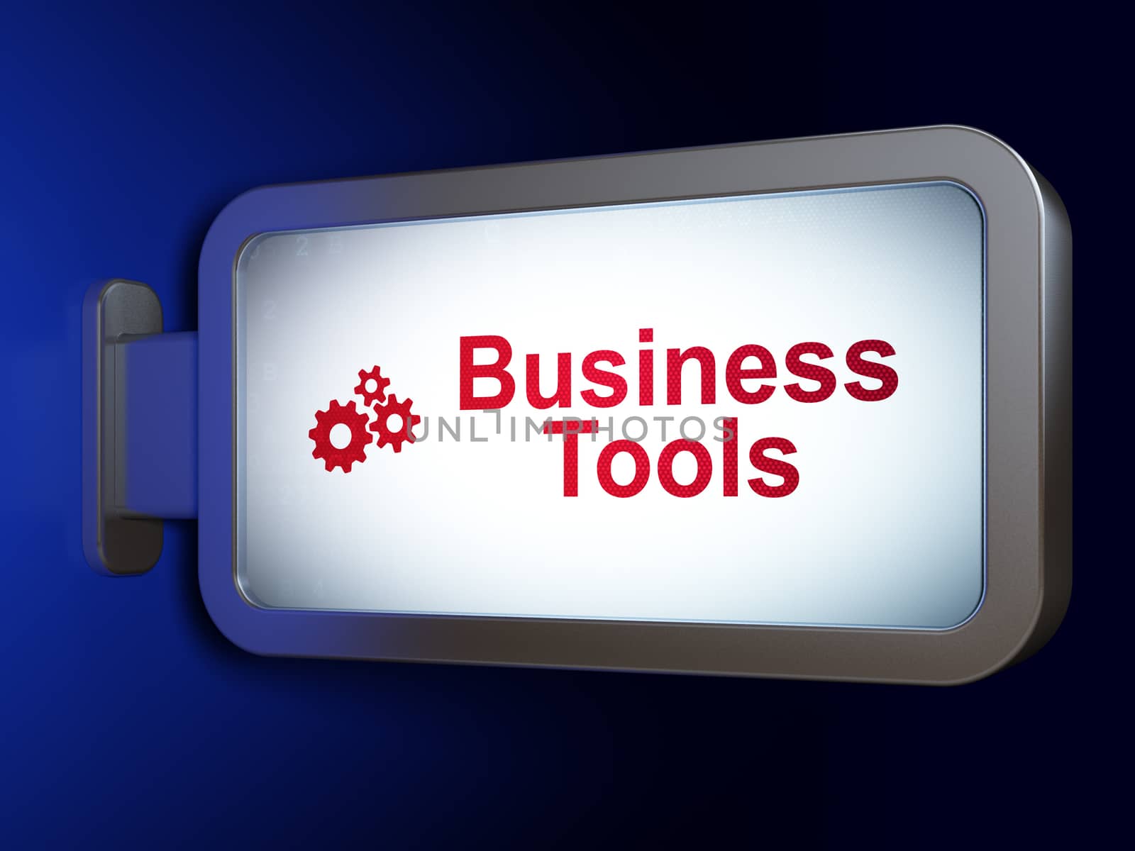 Finance concept: Business Tools and Gears on advertising billboard background, 3d render