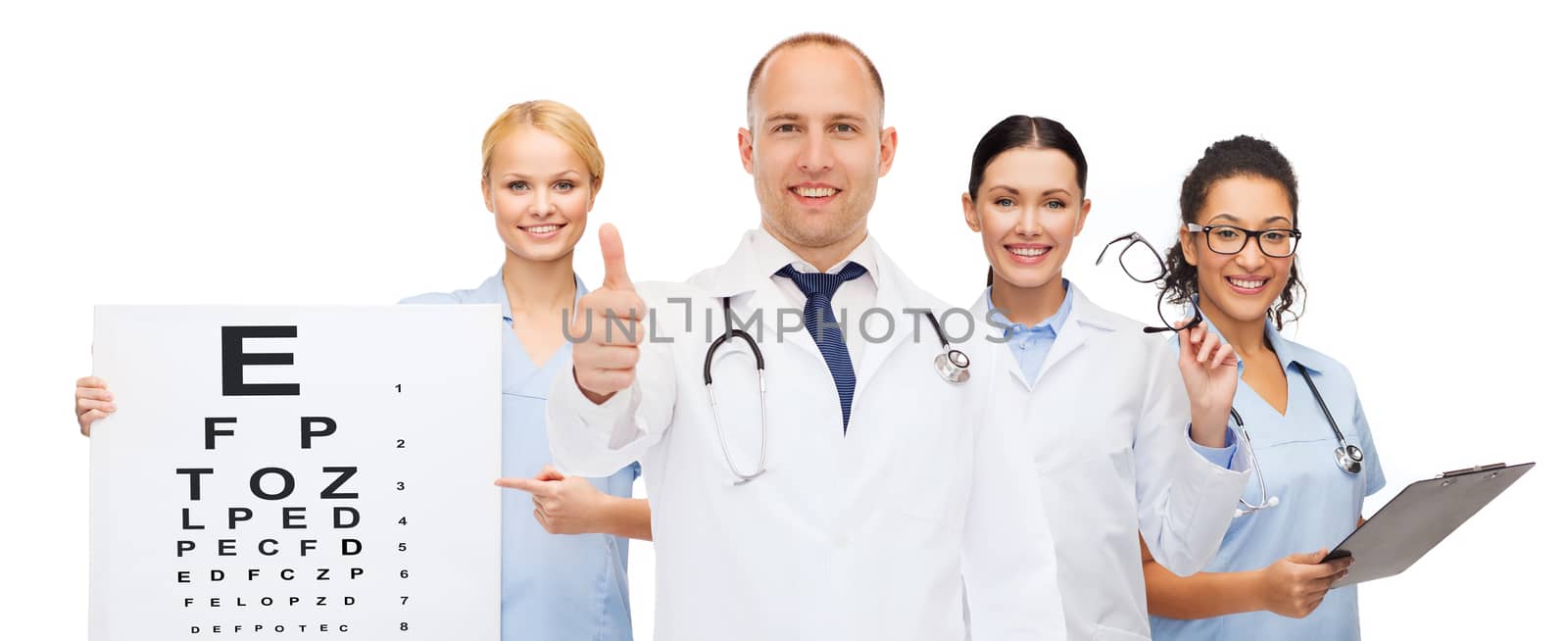 group of smiling doctors with eye chart by dolgachov