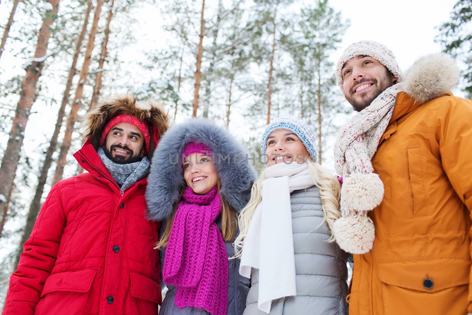 group of smiling men and women in winter forest by dolgachov