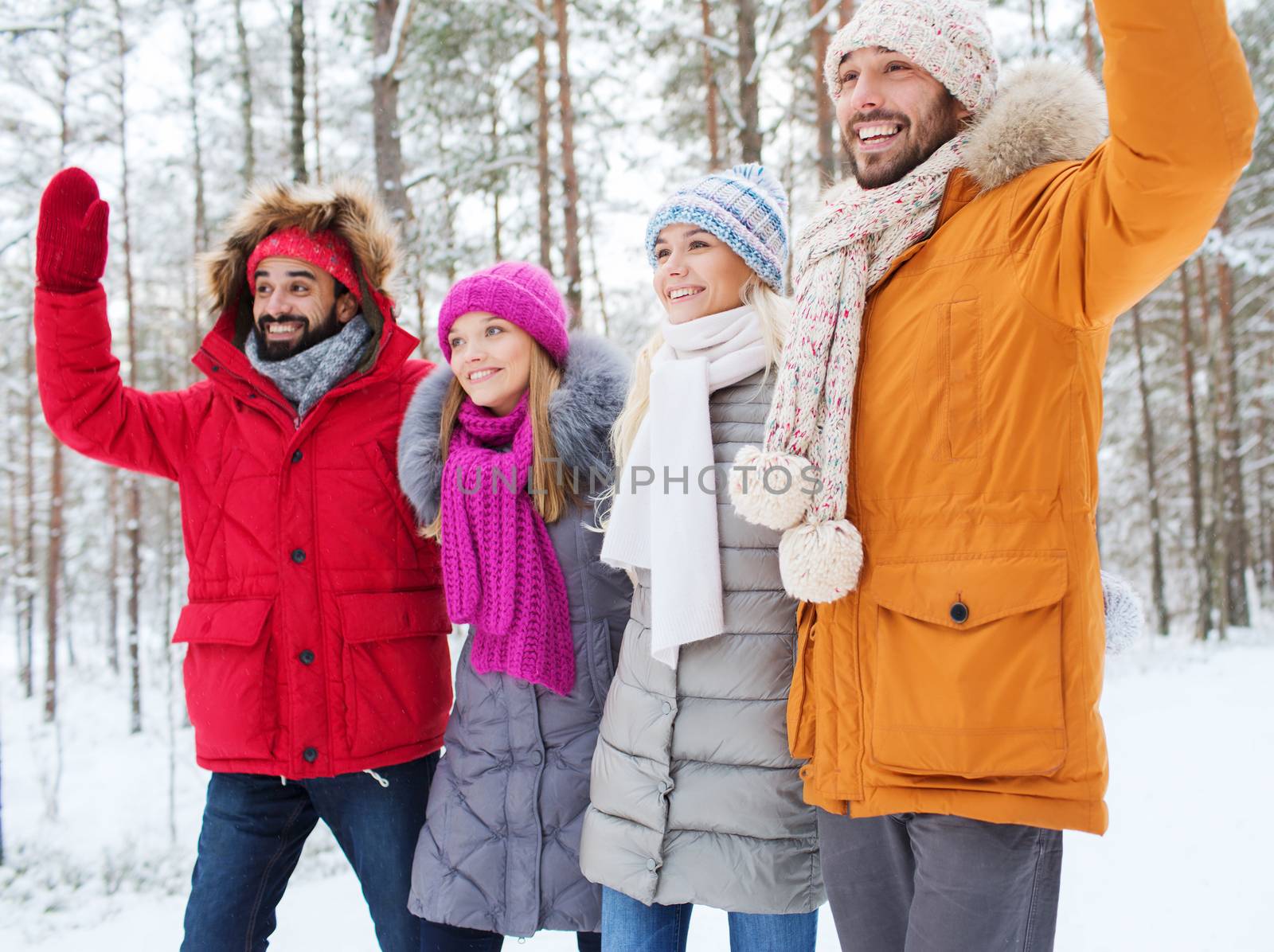 group of friends waving hands in winter forest by dolgachov