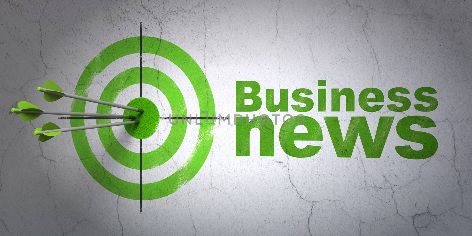 Success news concept: arrows hitting the center of target, Green Business News on wall background
