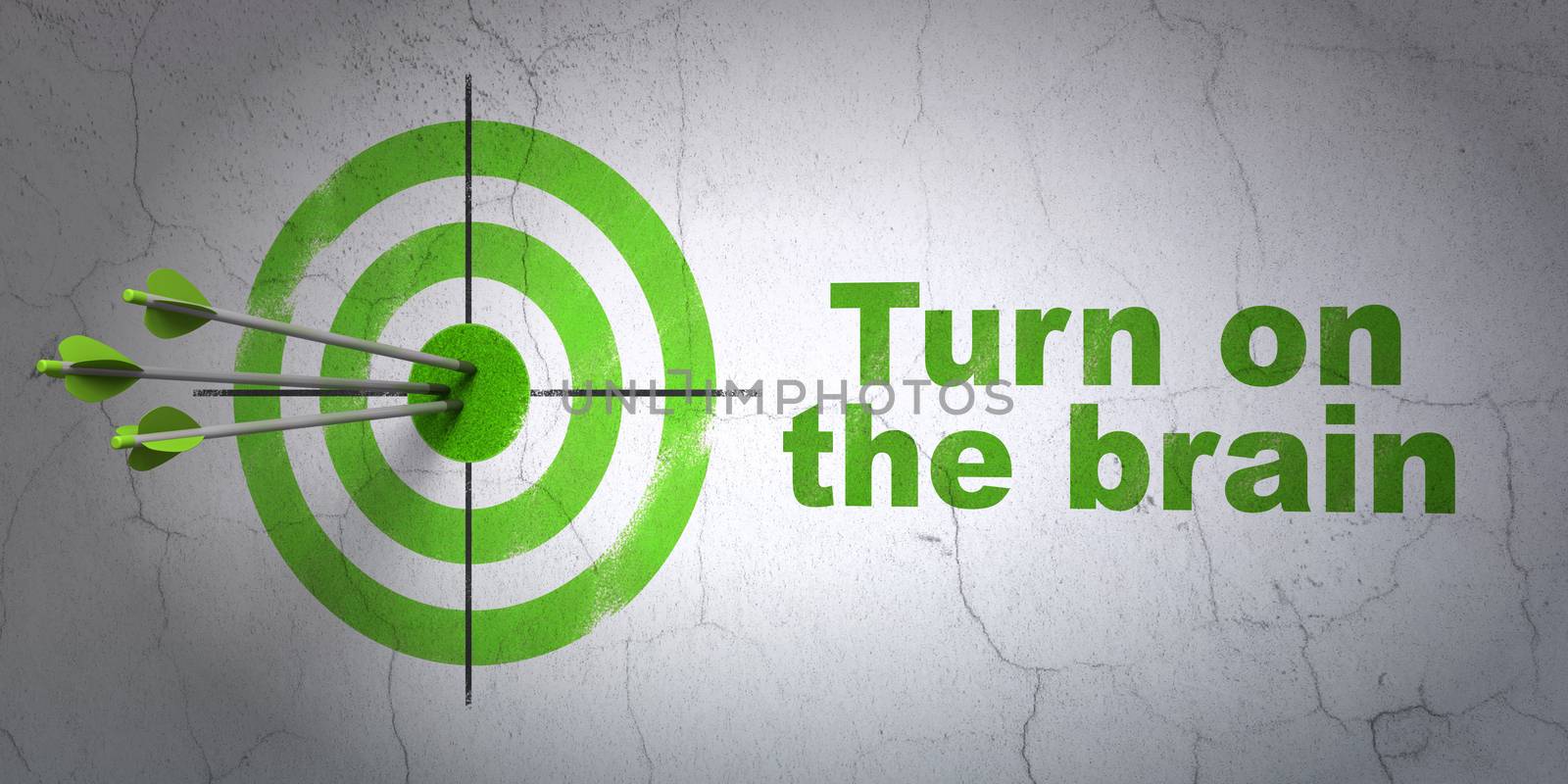 Success Learning concept: arrows hitting the center of target, Green Turn On The Brain on wall background