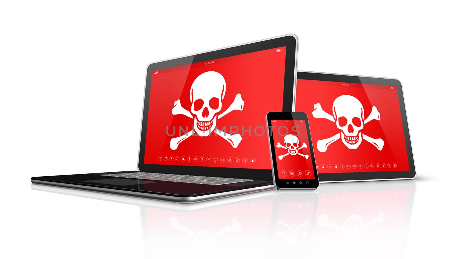 Laptop tablet pc and smartphone with pirate symbols on screen. H by daboost