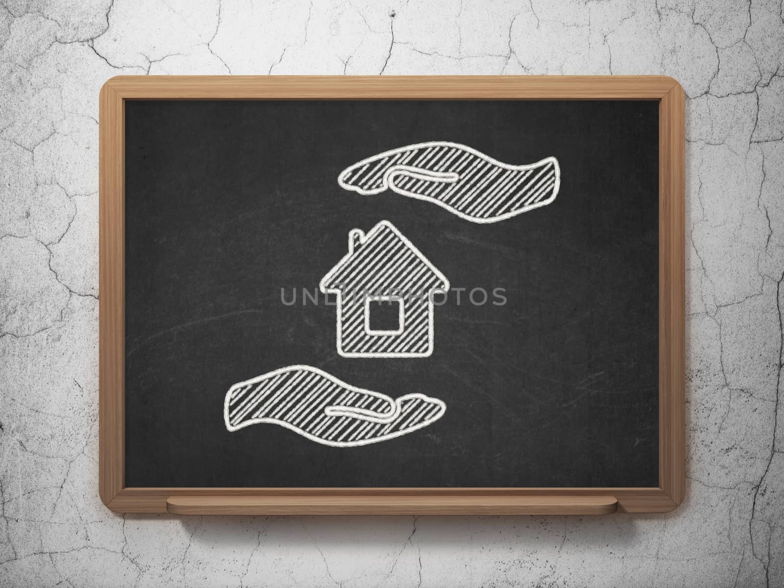 Insurance concept: House And Palm icon on Black chalkboard on grunge wall background