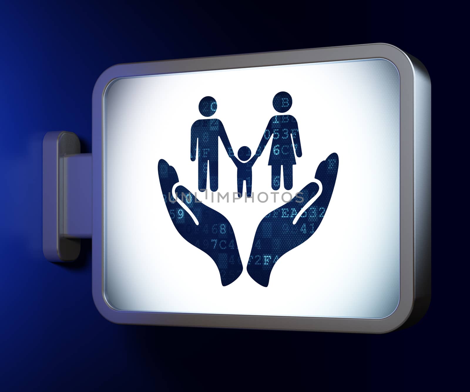 Insurance concept: Family And Palm on advertising billboard background, 3d render