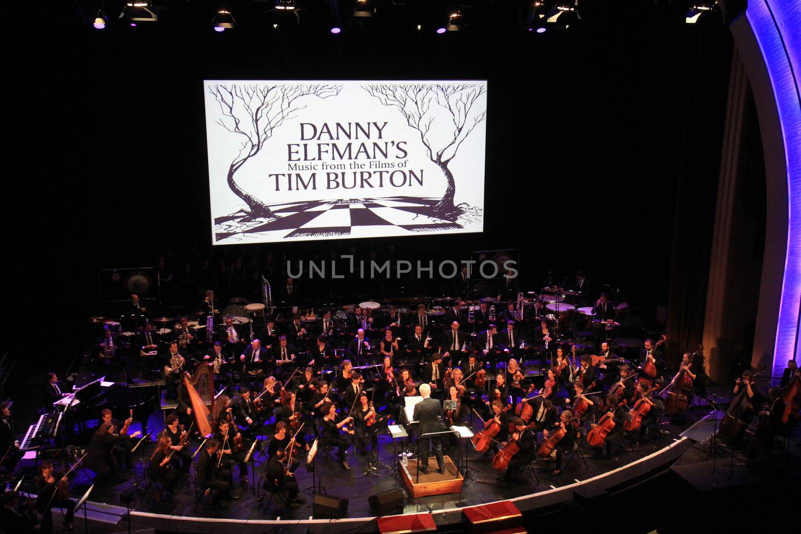 FRANCE, Paris: The Lamoureux orchestra perform on the stage of the Grand Rex, in Paris, during the show Danny Elfman's music from the films of Tim Burton, on October 10, 2015.