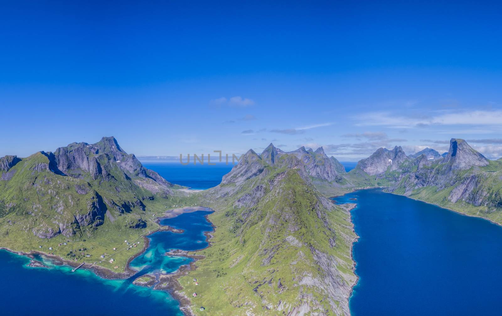 Scenic panorama of beautiful fjords on Lofoten islands in Norway