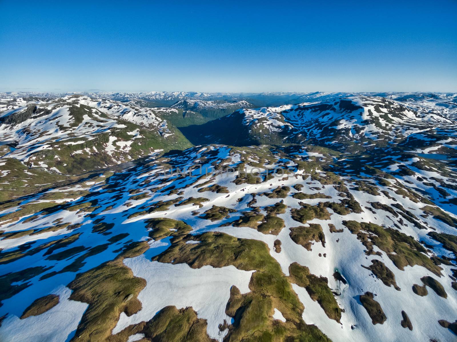 Scenic aerial view of norwegian mountains on sunny summer day