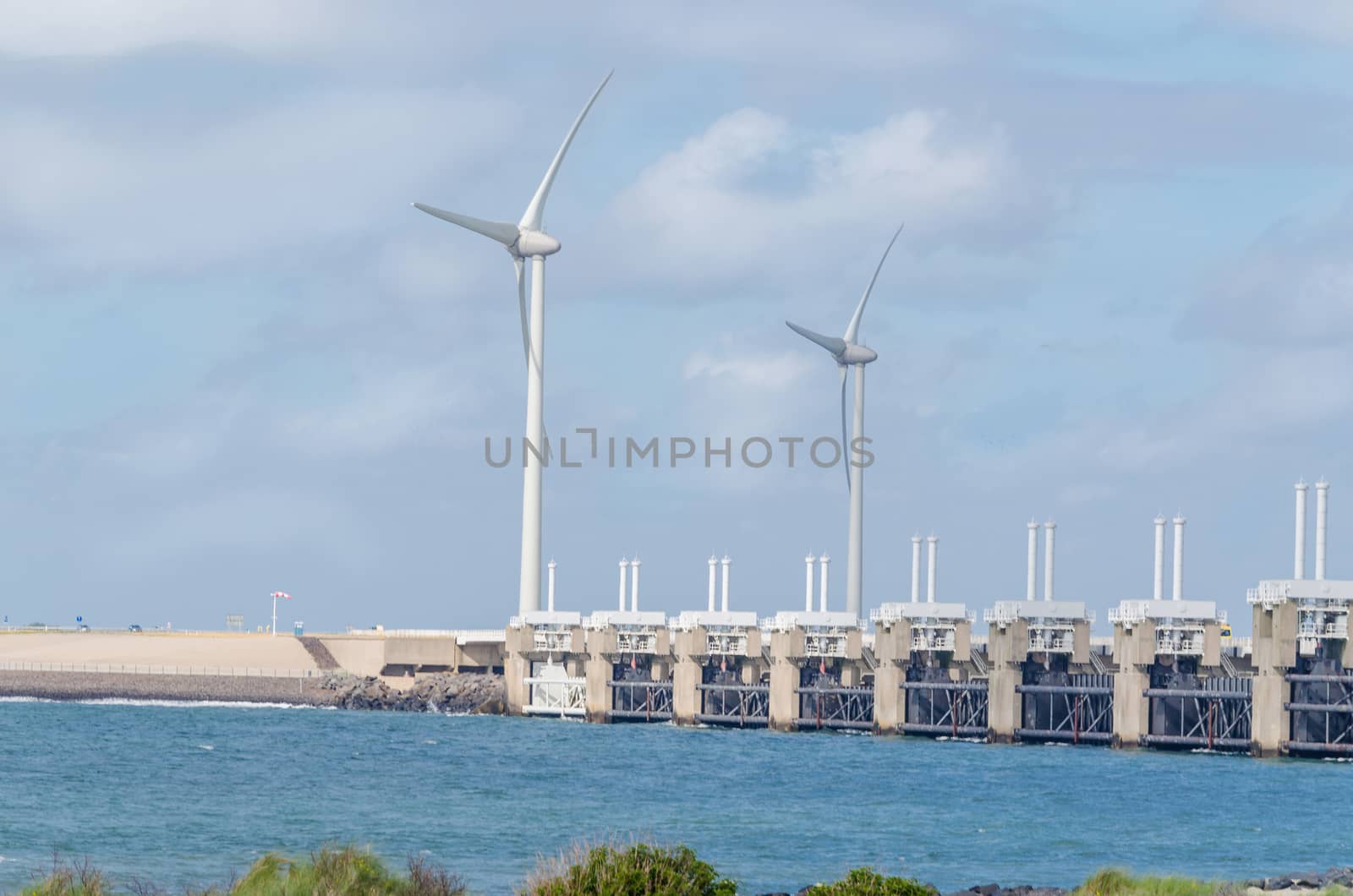 Wind turbine in the sea off the Dutch North Sea coast.