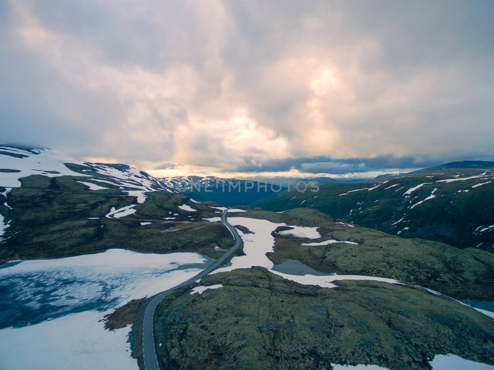 Aerial view of cold rocky landscape in mountain pass Ryfylke in Norway