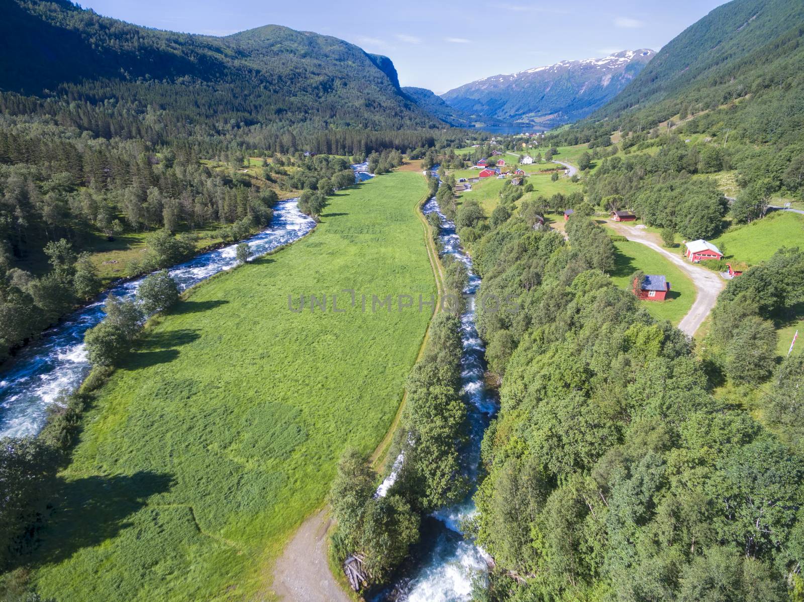 Scenic aerial view of typical green valley with streams in Norway during summer