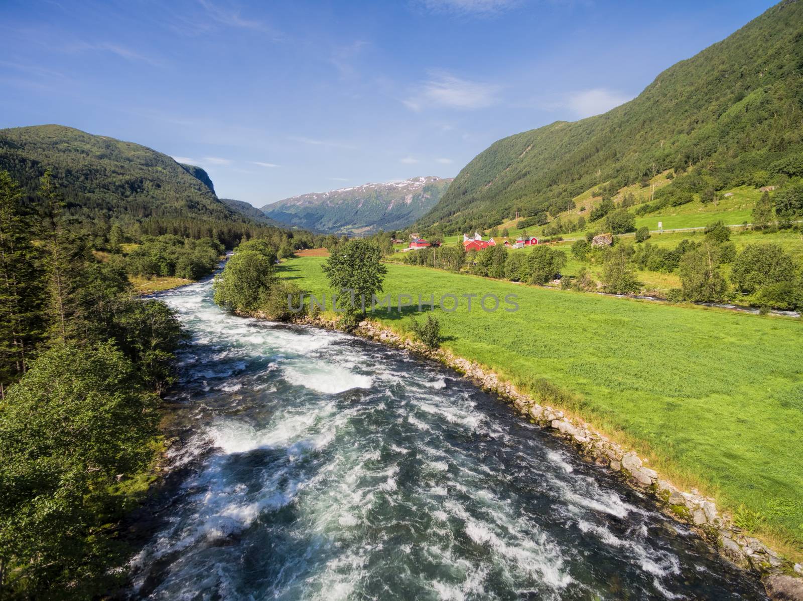 Scenic aerial view of river in green valley in Norway