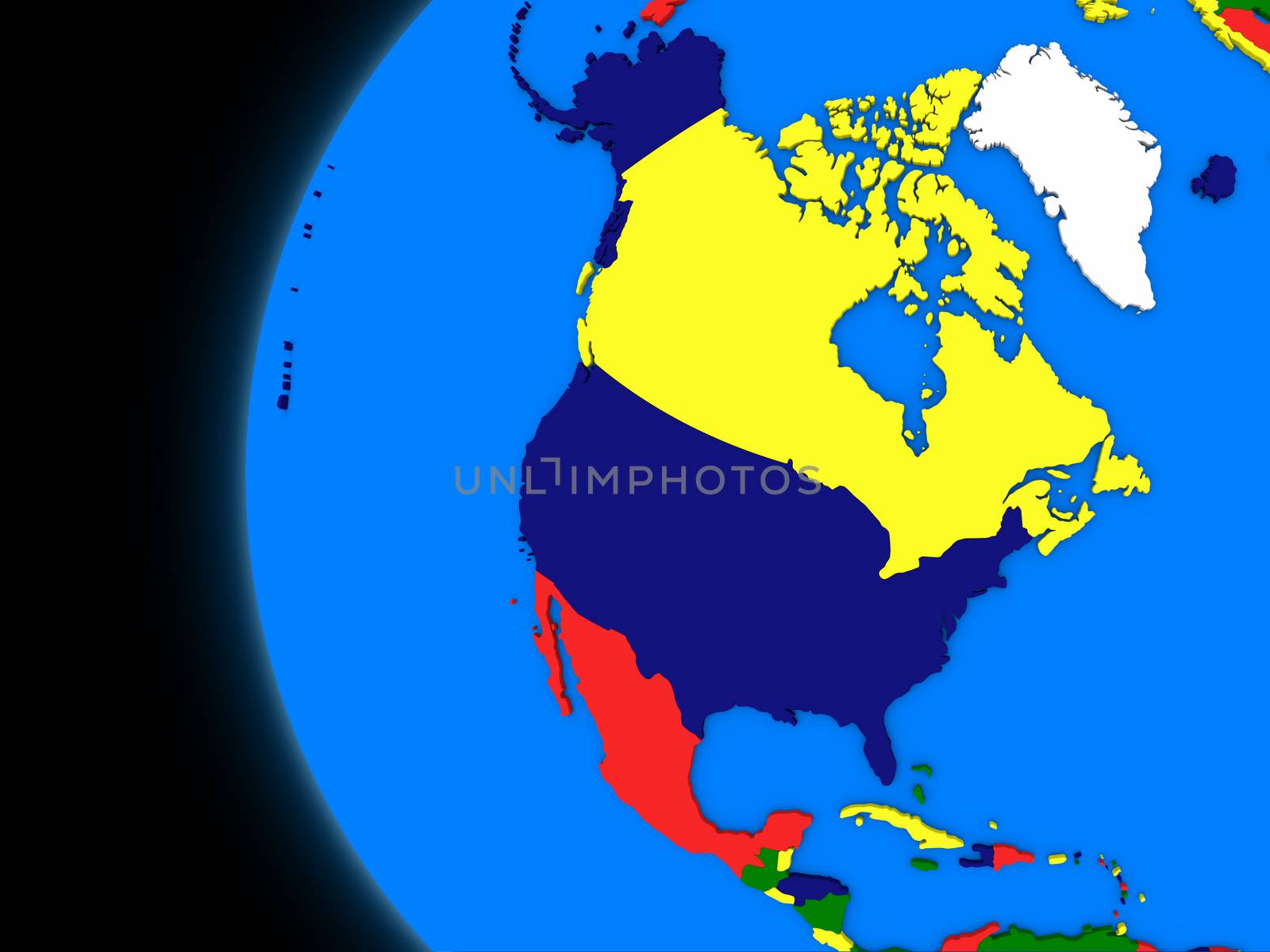 Illustration of north american continent on political globe with black background