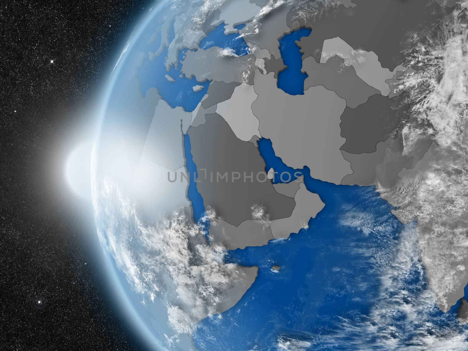 Concept of planet Earth as seen from space but with political borders aimed at middle east region