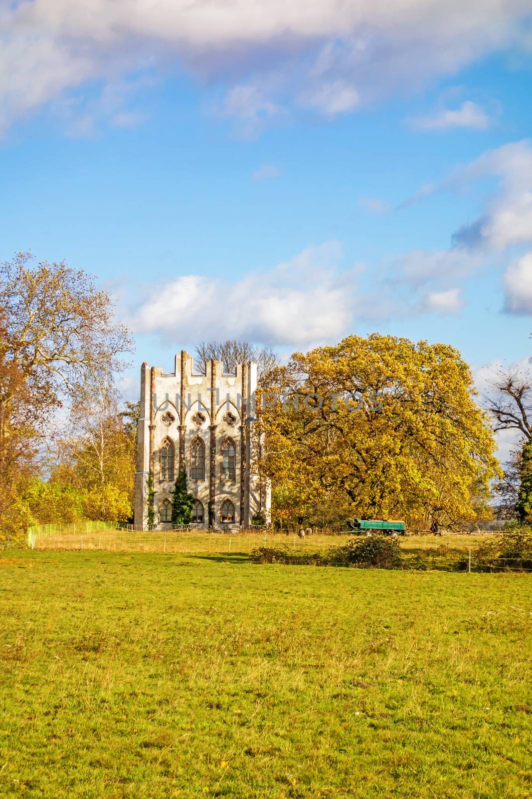 Berlin, Germany - October 27, 2013: Old ruin at Peacock Island / lake Wannsee. A nearby recreational area of Berlin.