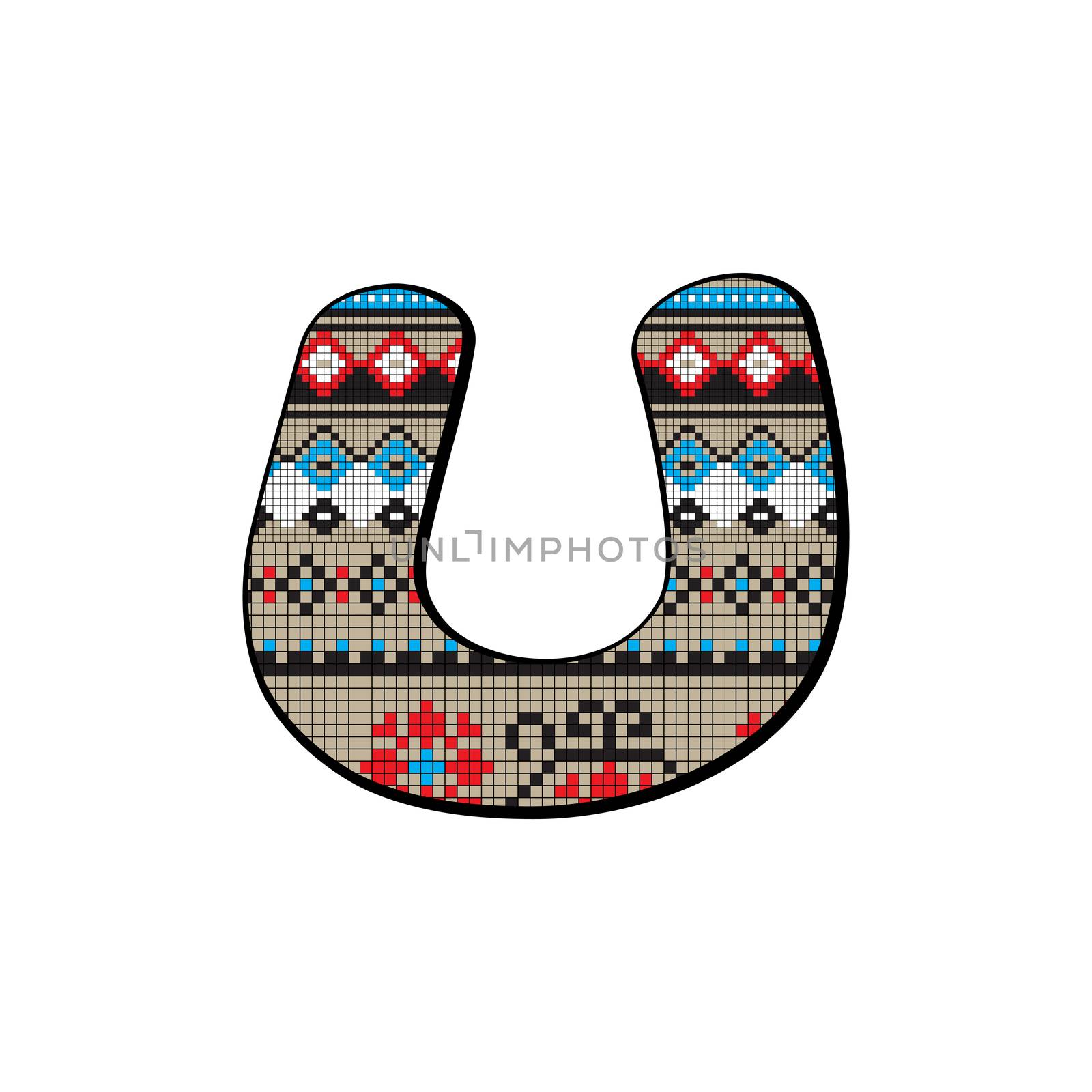 Decorated original font, pixel art ethnic model inspired by a Balkan motif over a funny fat small letter isolated on white