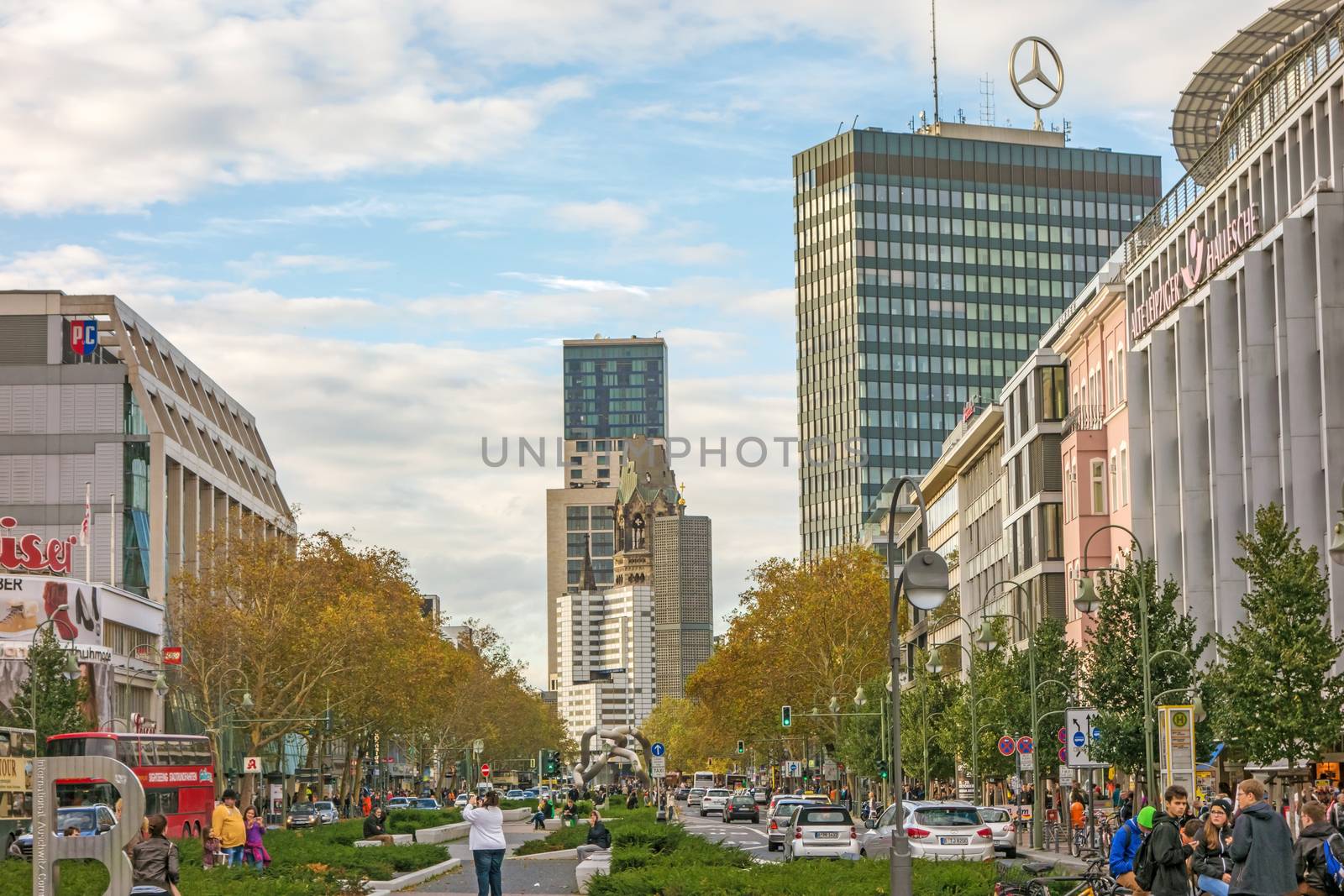 Berlin, Germany - October 27, 2013: View from Wittenbergplatz square towards church Kaiser-Wilhelm-Ged�chtnis-Kirche.