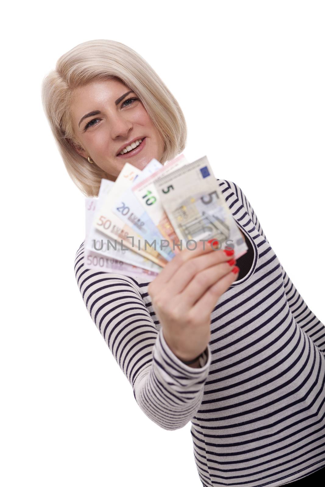 Smiling woman holding a handful of Euro notes by juniart