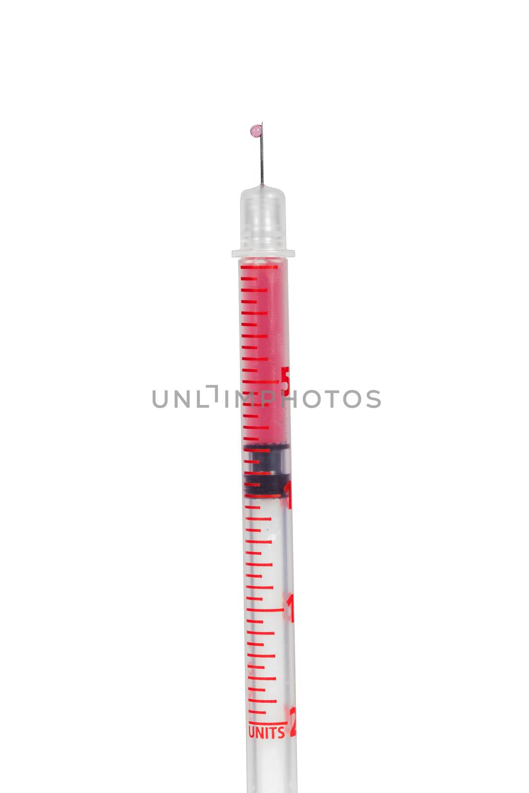 Disposable plastic hypodermic syringe and needle filled with a red solution for administering drugs subcutaneously or intramuscular isolated on white