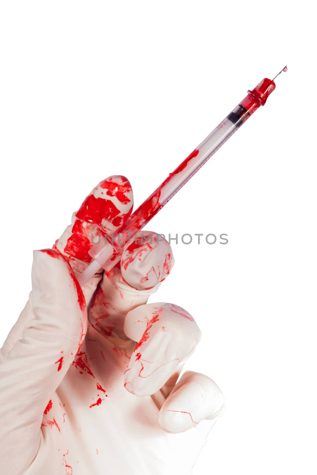 Bloody gloved hand holding a syringe by juniart