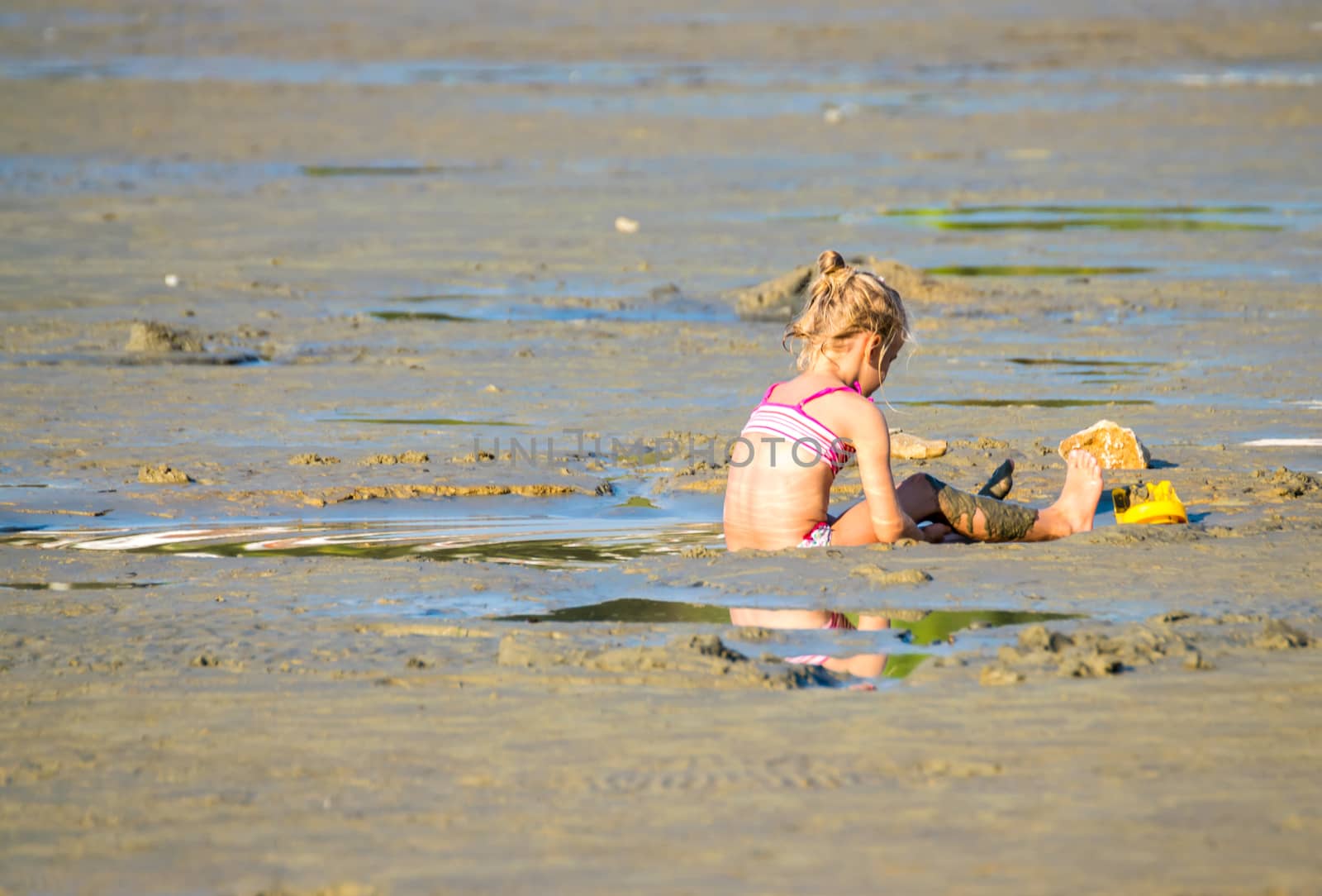 Little girl playing at the beach during low tide.