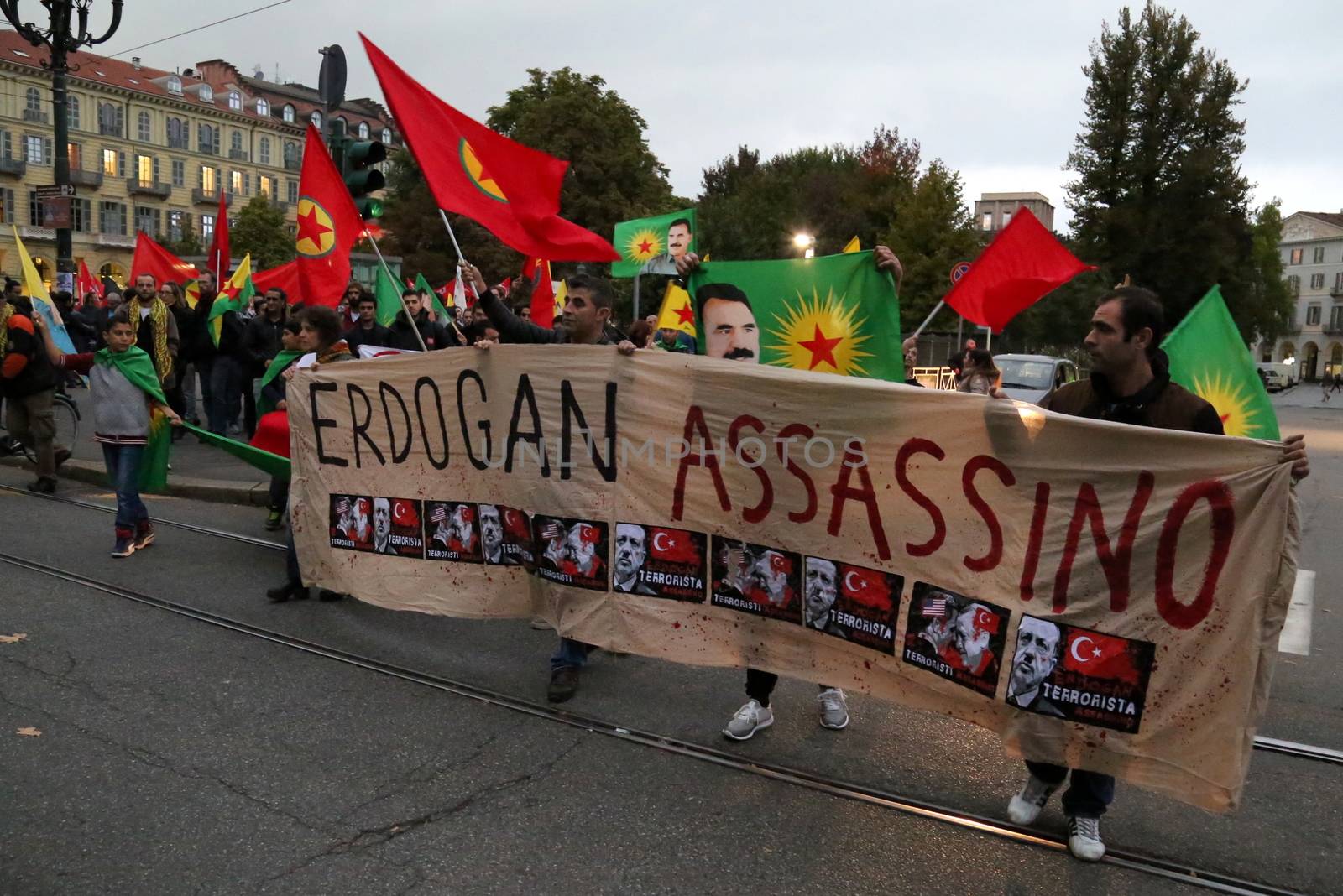 ITALY, Turin: Thousands march through Turin, Italy on October 13, 2015 to show solidarity with the people of Turkey, after the weekend's bombings in Ankara that left at least 97 dead. Demonstrators protest against the Turkish government, blaming the administration for the attack. Some Kurdish and leftist activists have asserted that these bombings were perpetrated in part by Turkey's governing AKP administration, intended as a blow to the pro-Kurdish HDP opposition ahead of the snap parliamentary elections in November. 