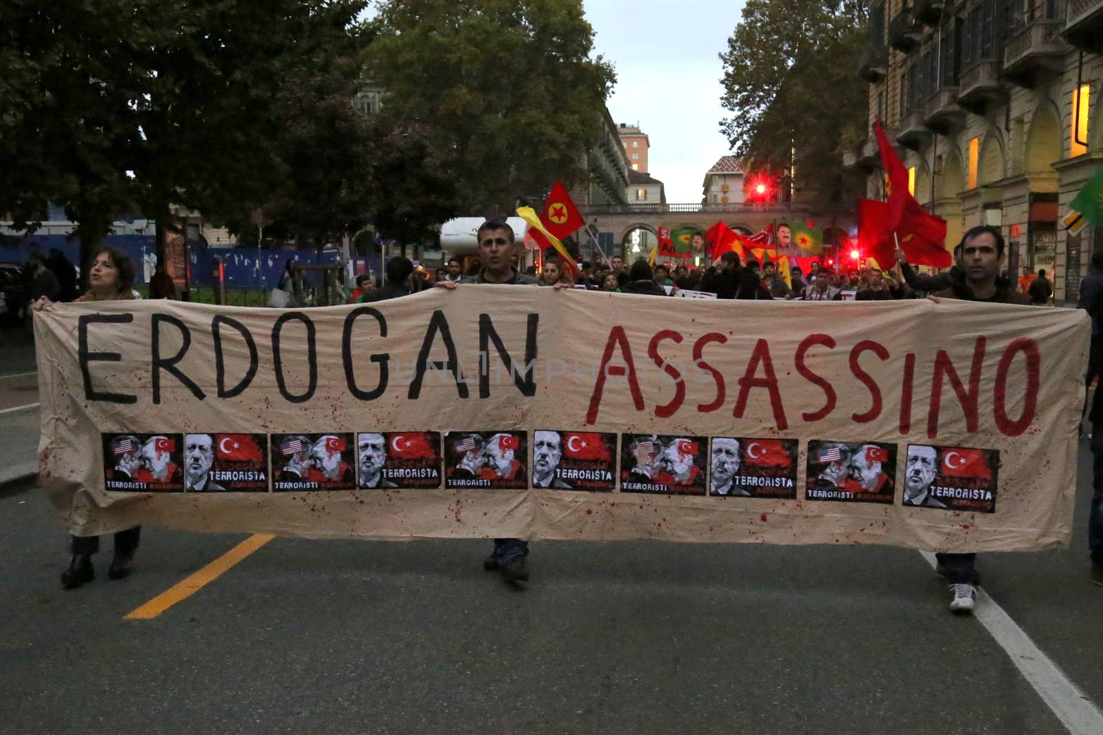 ITALY, Turin: Thousands march through Turin, Italy on October 13, 2015 to show solidarity with the people of Turkey, after the weekend's bombings in Ankara that left at least 97 dead. Demonstrators protest against the Turkish government, blaming the administration for the attack. Some Kurdish and leftist activists have asserted that these bombings were perpetrated in part by Turkey's governing AKP administration, intended as a blow to the pro-Kurdish HDP opposition ahead of the snap parliamentary elections in November. 