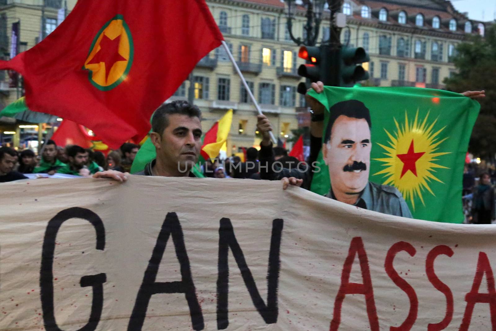 ITALY, Turin: Thousands march through Turin, Italy on October 13, 2015 to show solidarity with the people of Turkey, after the weekend's bombings in Ankara that left at least 97 dead. Demonstrators protest against the Turkish government, blaming the administration for the attack. Some Kurdish and leftist activists have asserted that these bombings were perpetrated in part by Turkey's governing AKP administration, intended as a blow to the pro-Kurdish HDP opposition ahead of the snap parliamentary elections in November. 