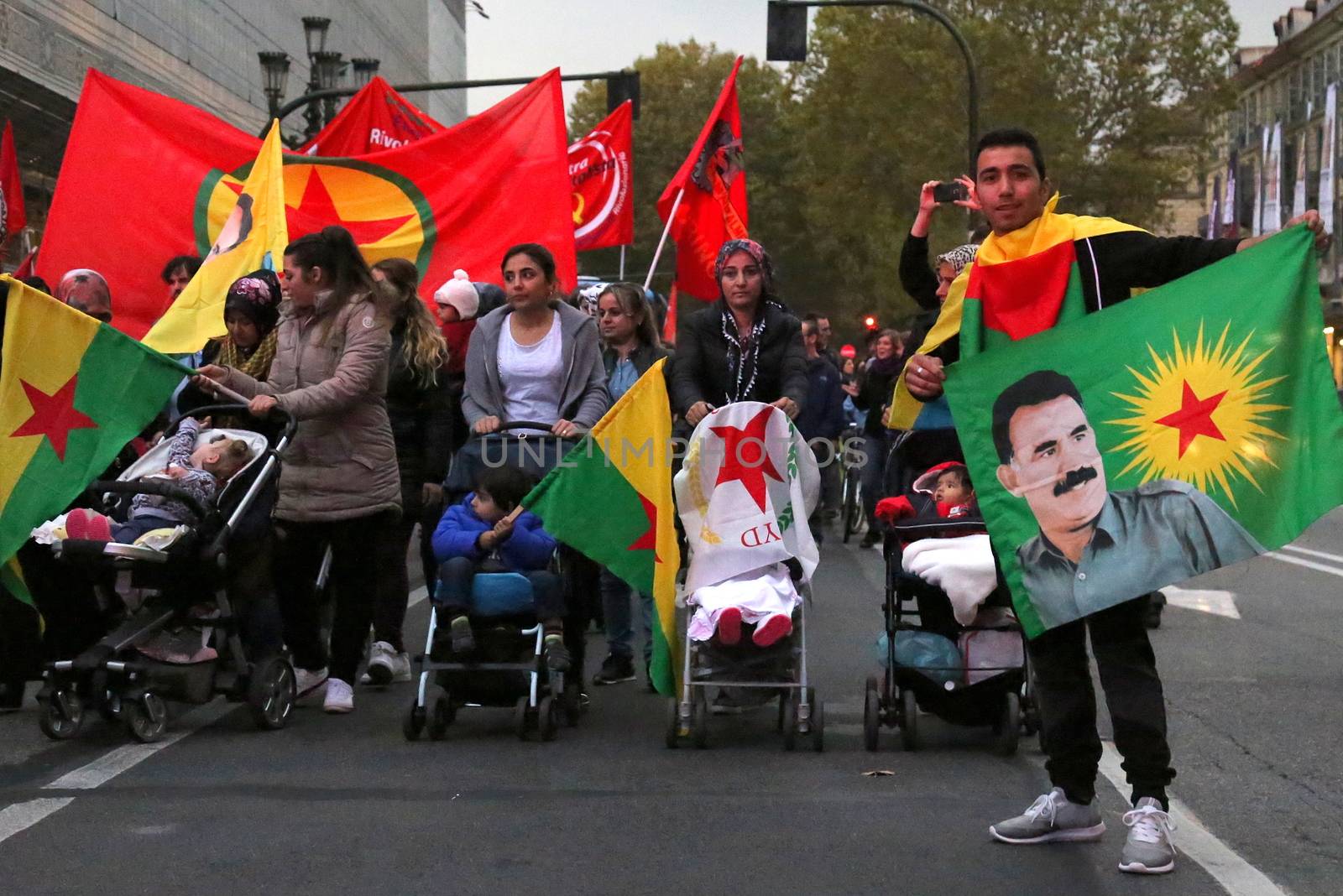 ITALY, Turin: Thousands march through Turin, Italy on October 13, 2015 to show solidarity with the people of Turkey, after the weekend's bombings in Ankara that left at least 97 dead. Demonstrators protest against the Turkish government, blaming the administration for the attack. Some Kurdish and leftist activists have asserted that these bombings were perpetrated in part by Turkey's governing AKP administration, intended as a blow to the pro-Kurdish HDP opposition ahead of the snap parliamentary elections in November. 